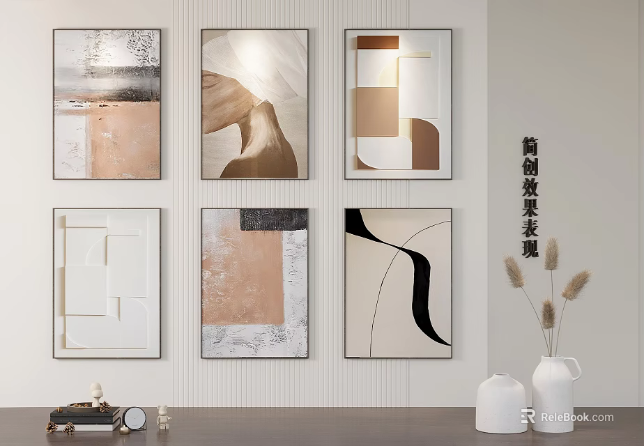 Modern Living Room With Abstract Minimalist Wall Art Decor Elements 3d model