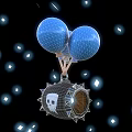 Skull Themed Doll With Hanging Blue Balloons And White Sparkles On Black Background