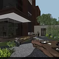 Modern Courtyard Garden With Stone Path Wooden Table Tea Sets And Green Plants