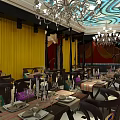 Elegant Restaurant Interior With Chandeliers Yellow Curtains Red Walls Dining Tables Tableware And Chairs