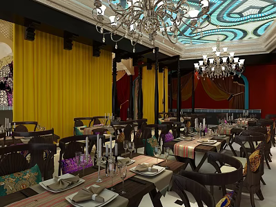 Elegant Restaurant Interior With Chandeliers Yellow Curtains Red Walls Dining Tables Tableware And Chairs 3d model