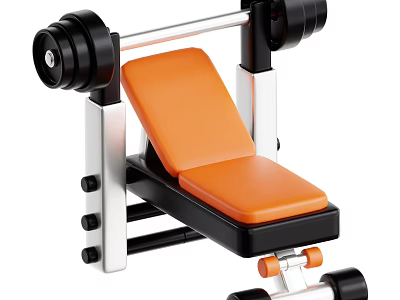 Adjustable Home Gym Weight Bench With Orange Padded Seat Barbell And Metal Frame 3d model
