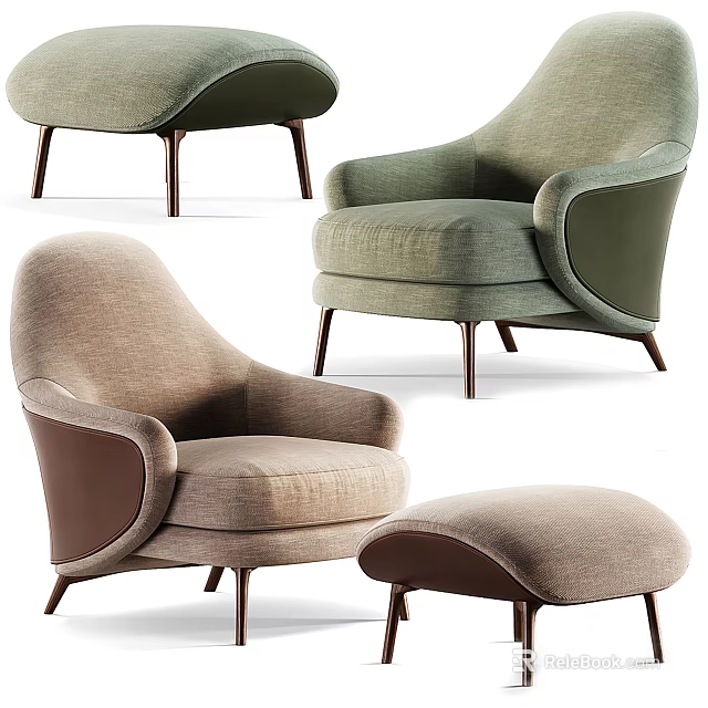 Elegant Modern Single Sofa Styles in Green and Beige with Metal Legs and Ottoman 3d model 