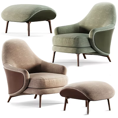 Elegant Modern Single Sofa Styles in Green and Beige with Metal Legs and Ottoman 3d model