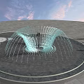 Outdoor Public Square Fountain With Circular Layout Water Sprays And People Around Trees