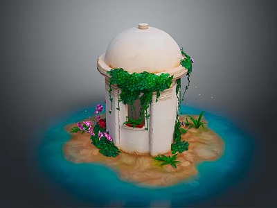 White Domed Structure On Small Island With Green Vines Pink Purple Flowers And Blue Water 3d model