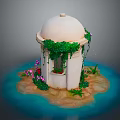 White Domed Structure On Small Island With Green Vines Pink Purple Flowers And Blue Water
