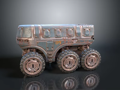 Vintage Rusty Tank With Six Wheels Metallic Finish And Bottom Reflections 3d model