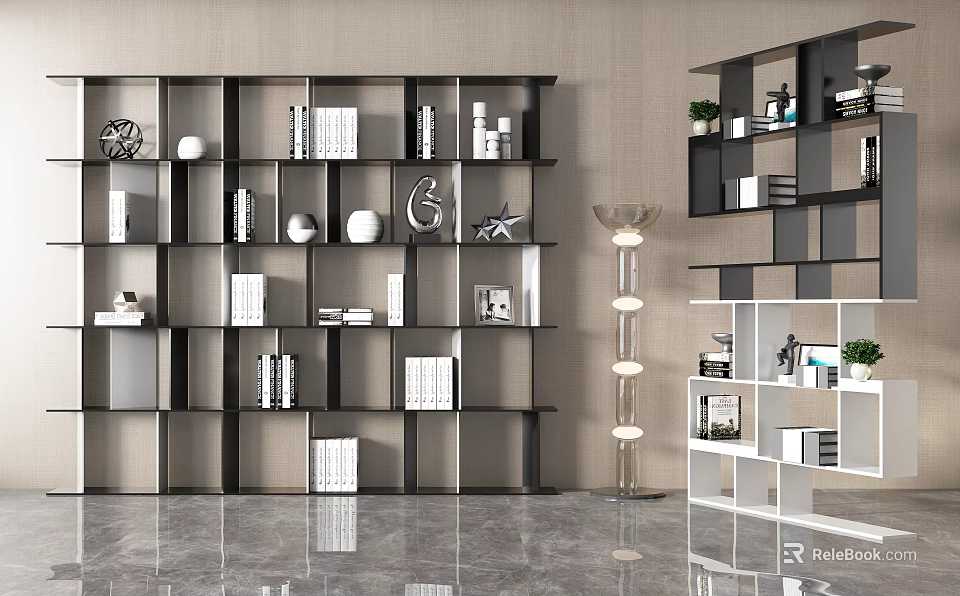 Modern Black and White Bookcase Featuring Multiple Shelves Books And Decorative Items 3d model 
