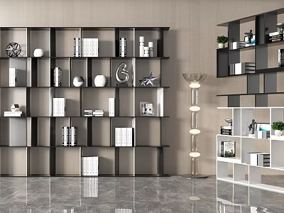 Modern Black and White Bookcase Featuring Multiple Shelves Books And Decorative Items 3d model