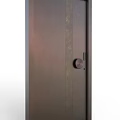 Modern Brown Hinged Door With Vertical Metal Strip And Round Handle Design
