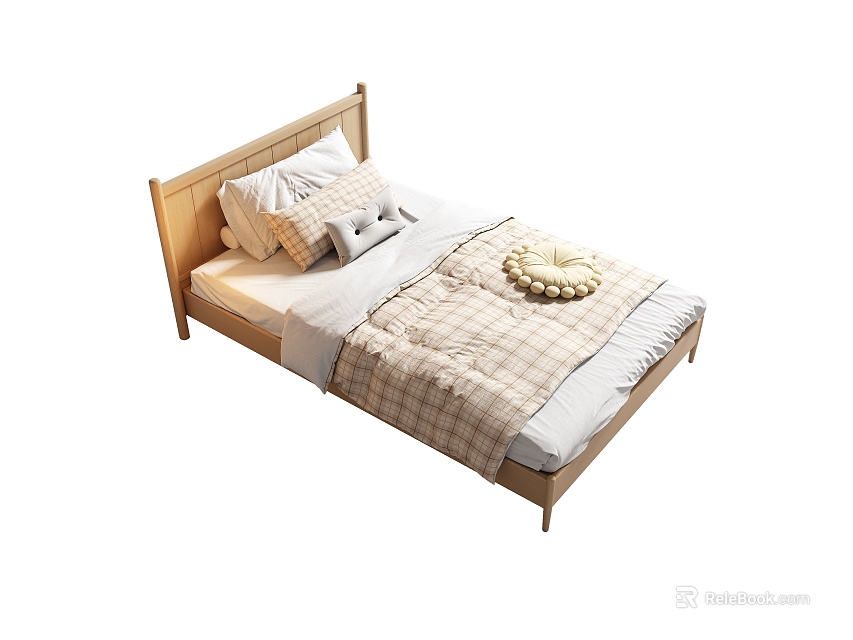 Single Bed With Wooden Headboard Plaid Bedding And Knitted Decor Interior 3d model 