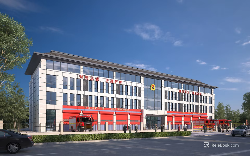 Modern Fire Station Building Exterior With Red Doors Fire Engines And Emblem Under Blue Sky 3d model 