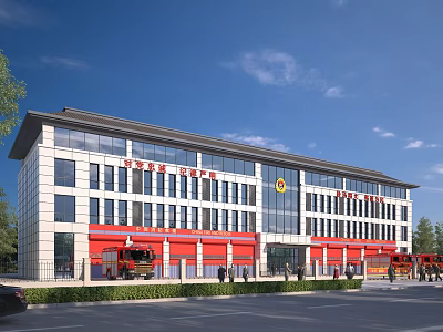 Modern Fire Station Building Exterior With Red Doors Fire Engines And Emblem Under Blue Sky 3d model