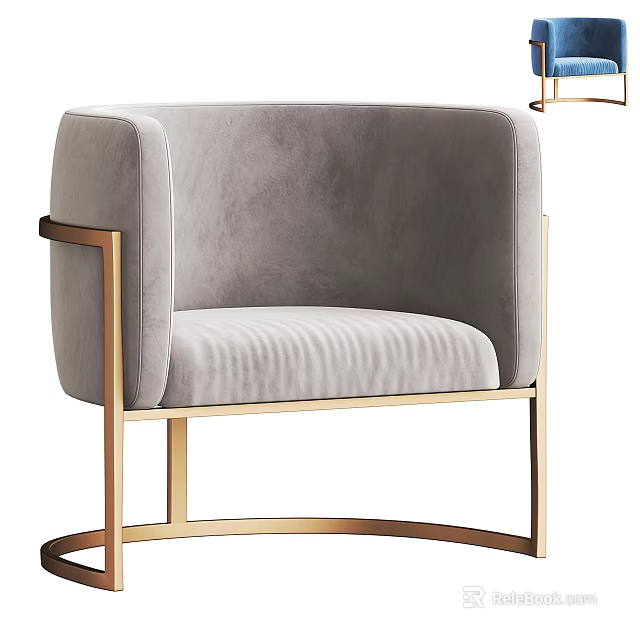Elegant Light Gray Velvet Single Sofa With Gold Metal Frame Design 3d model