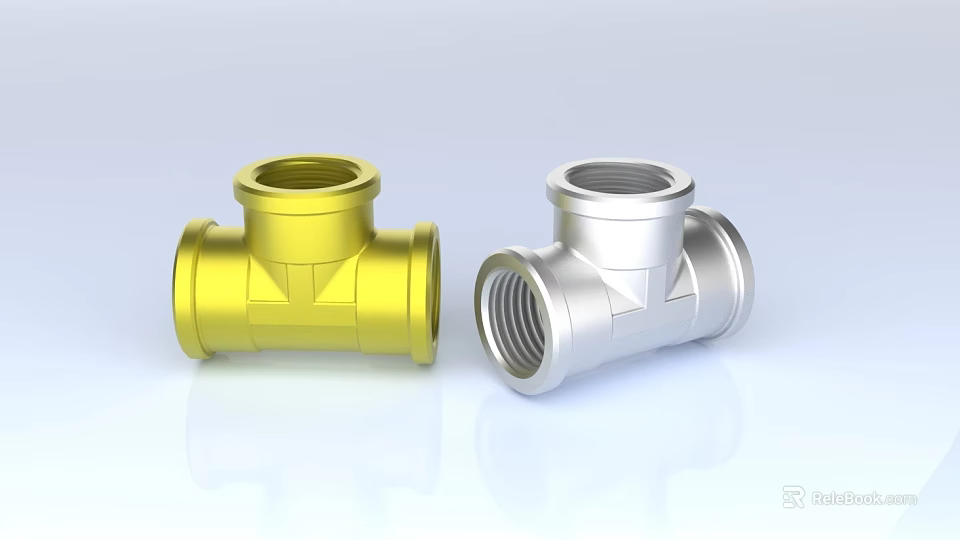 Two Gold and Silver Metal Tee Pipe Fittings With Threaded Connections Smooth Surface 3d model 