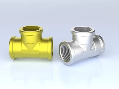 Two Gold and Silver Metal Tee Pipe Fittings With Threaded Connections Smooth Surface 3d model