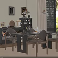 Modern Dining Room With Wooden Table Gray Chairs Pendant Lights Wine Rack And Wall Art