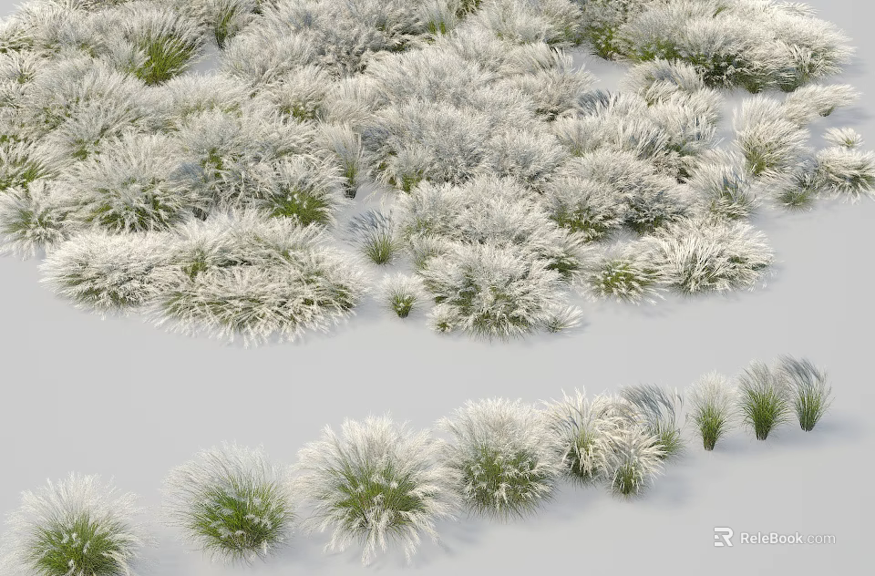 Snow Covered Grass Plants With White Frost And Green Tips In Winter Field 3d model 