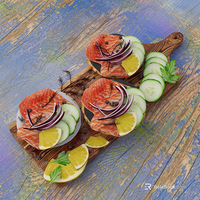 Fresh Salmon Fillets Served With Lemon Red Onion Cucumber Slices On Wooden Board 3d model 