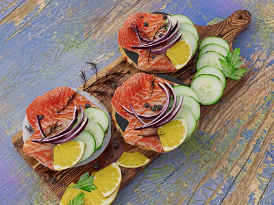 Fresh Salmon Fillets Served With Lemon Red Onion Cucumber Slices On Wooden Board 3d model