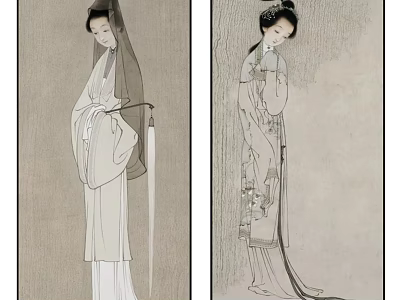 Traditional Chinese Figure Paintings of Elegant Ancient Ladies in Robes with Umbrella and Floral Patterns 3d model