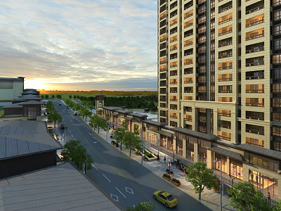 Aerial Planning Of Urban Area With High Rise Buildings Tree Lined Street And Vehicles 3d model