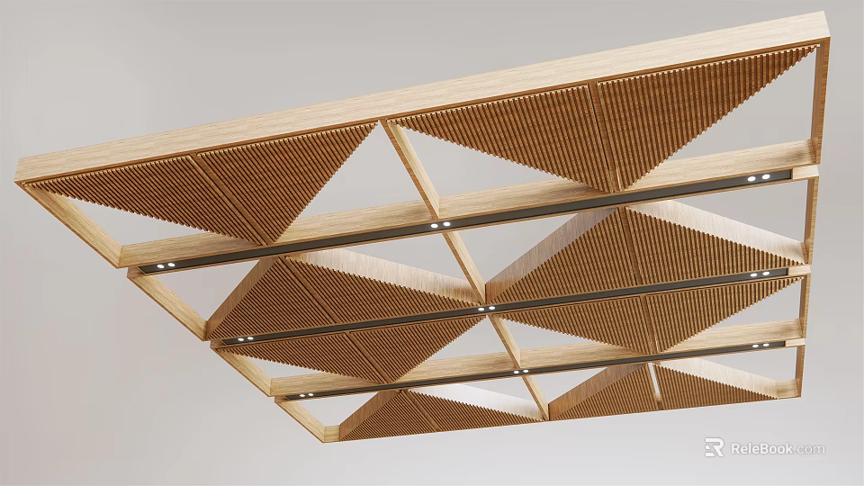 Modern Wooden Ceiling Design With Triangular Grid And Layered Linear Structure 3d model 