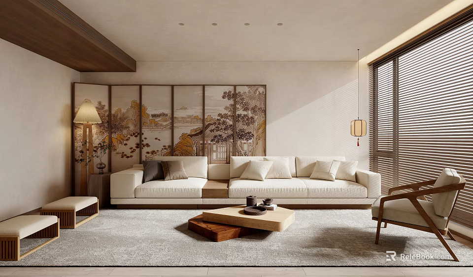 Japanese Style Living Room Interior With Landscape Screen Beige Sofa And Natural Light 3d model 