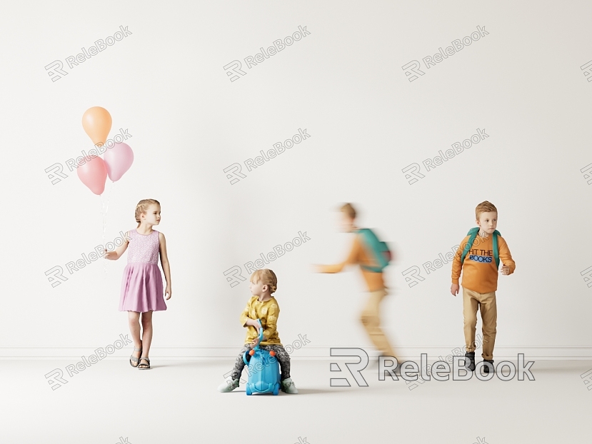 Modern Multiplayer Children's Group Children's Figures Boys Girls Little Girls with Balloons Running Little Boys model