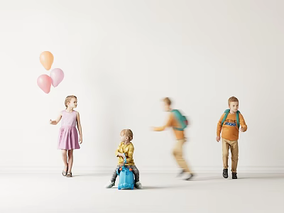 Children Holding Pink Orange Balloons Sitting On Blue Toy Car And Running With Backpacks 3d model