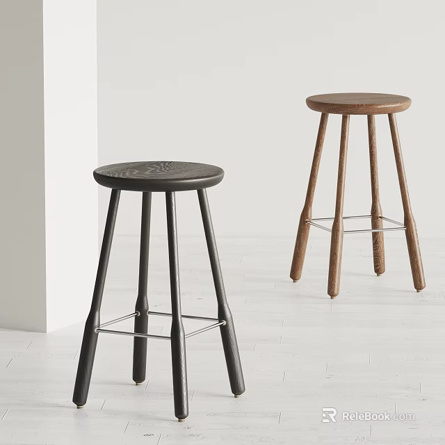 Modern Bar Stools With Black And Wooden Legs Round Seats And Metal Footrests 3d model 
