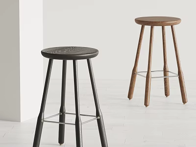 Modern Bar Stools With Black And Wooden Legs Round Seats And Metal Footrests 3d model