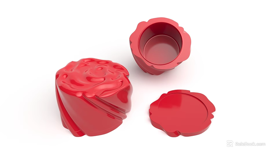 Red Patterned Flower Shaped Decorative Ornament Set Of Three Decor Pieces 3d model 