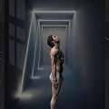 Futuristic Tech Exhibition Hall Corridor With Illuminated Lines Dark Walls And Man Looking Up