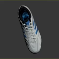 White Perforated Soccer Shoes with Blue Stripes Black Heel and Blue Cleats Athletic Design