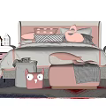 Pastel Pink and White Children's Bed with Side Tables Little House Decor and Storage Toys