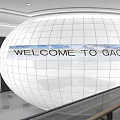 Modern Spherical Cinema Interior With Large Screen City View Smooth Floor And Ceiling Lights