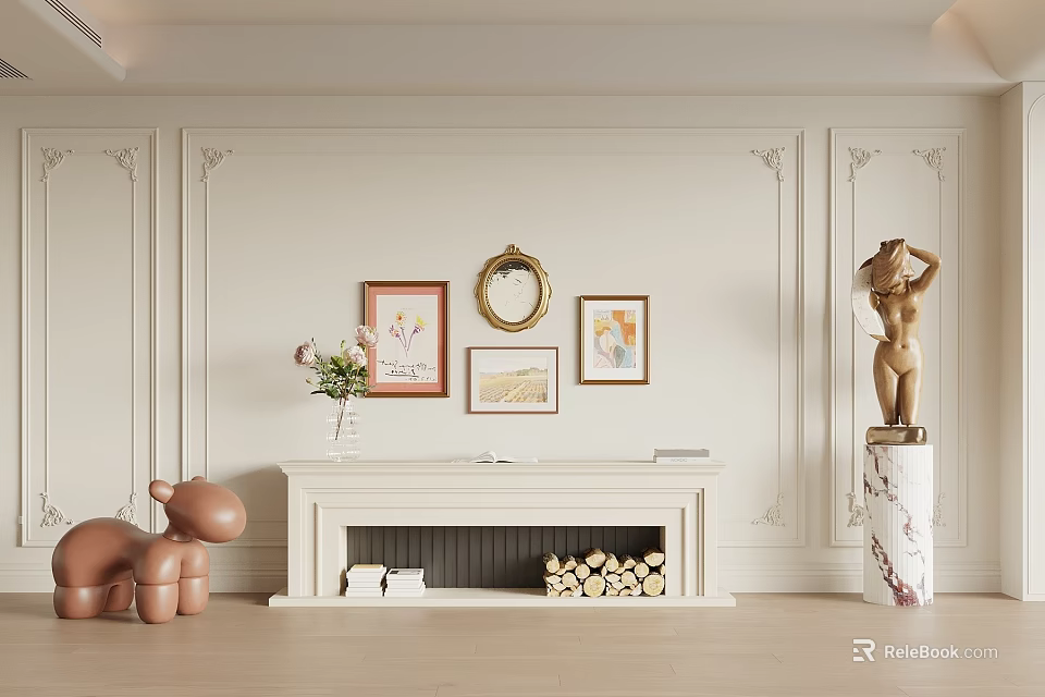 Modern White Fireplace With Decorative Wall Framed Artworks Round Mirror And Firewood 3d model 