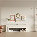 Modern White Fireplace With Decorative Wall Framed Artworks Round Mirror And Firewood