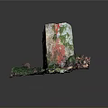 Ancient Stone Architectural Structure With Moss Covered Surface Red Markings And Green Plant Surroundings