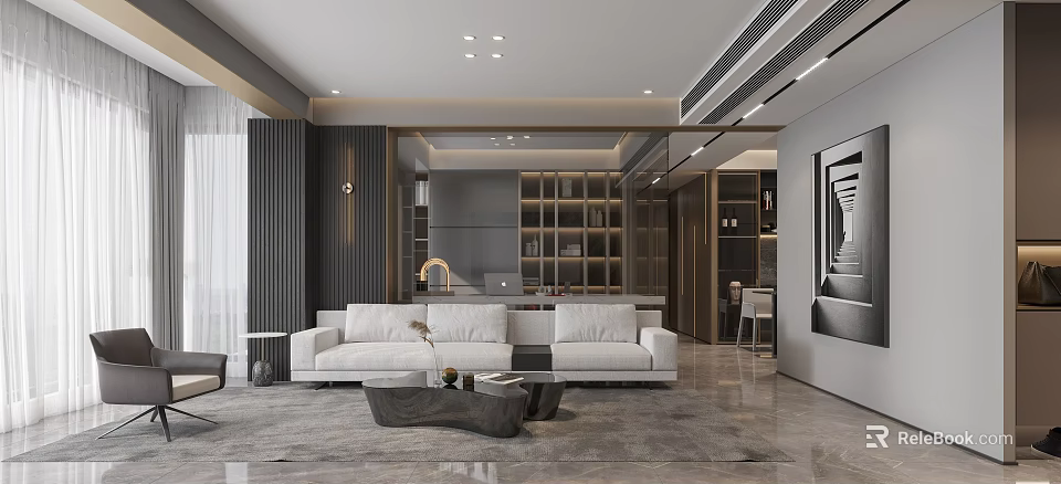 Modern Living Dining Room Interior With White Sofa Coffee Table And Bookshelf 3d model