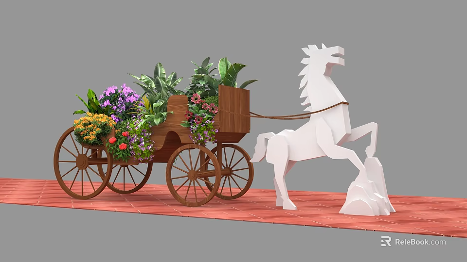 Floral Art Installation Featuring White Horse Sculpture Pulling Wooden Carriage With Flowers And Greenery 3d model 