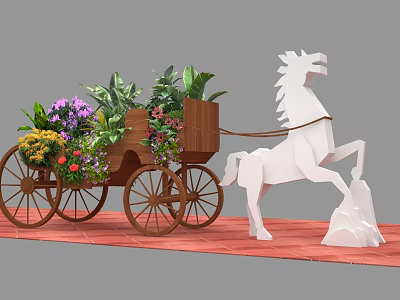 Floral Art Installation Featuring White Horse Sculpture Pulling Wooden Carriage With Flowers And Greenery 3d model