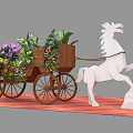 Floral Art Installation Featuring White Horse Sculpture Pulling Wooden Carriage With Flowers And Greenery
