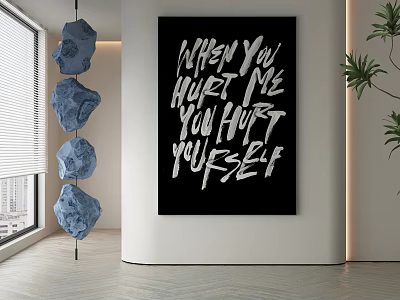 Abstract Painting Featuring White Handwritten Text on Black Background in Modern Interior With Hanging Decor 3d model