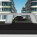 Modern Archway Entrance Gate Between Glass Facade Buildings With Lush Trees Cars and Pedestrians