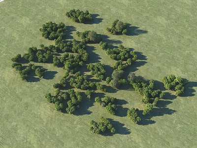 Aerial View Of Green Grassland With Scattered Tree Clusters In Natural Setting 3d model