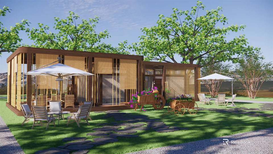 Scenic Wooden House Exterior With Lawn Trees Umbrellas Tables And Chairs 3d model 
