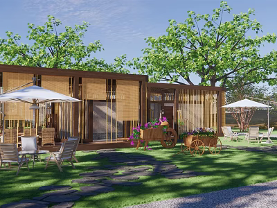 Scenic Wooden House Exterior With Lawn Trees Umbrellas Tables And Chairs 3d model